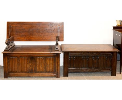 An oak monk’s bench and an oak chest, each with linen fold panels, the first 74cm h; 42 x 106cm  Lid of chest water stained