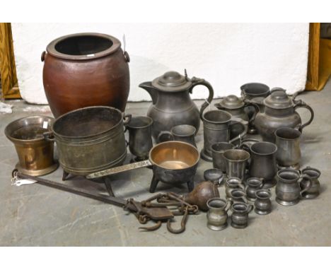 Ten English pewter pear shaped or baluster OEWS measures, 19th c,&nbsp;&nbsp;half pint and less,&nbsp;A Northern European pew