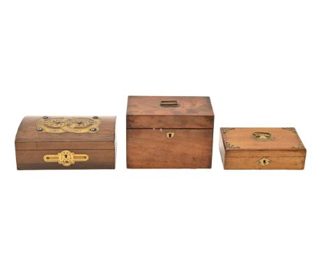 A Victorian rosewood tea caddy and two brass mounted boxes, the tea caddy with brass escutcheons and retaining both covers an