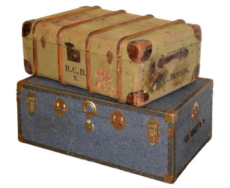 Vintage luggage. A timber bound green canvas cabin trunk, early 20th c, the leather handles inscribed R.C.Button, 84cm w and 