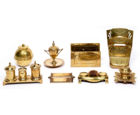 Miscellaneous brassware, 19th and 20th c, comprising four brass inkstands,&nbsp;a folding letter rack, a calendar, an inkwell