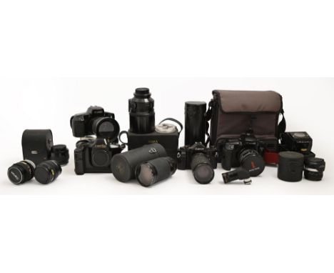 Various Canon cameras, lenses and accessories, to include Canon A-I, Canon EOS 5, EOS 100 and Canon T90, with Canon, Tamron, 