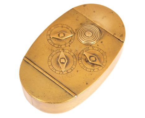 An English sheet brass snuff box with three-dial combination lock, early 19th c, 83mm l, combination available Minor dents ot