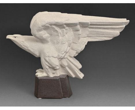 A Sevres white faience eagle on a plinth, c1930, 39.5cm h, printed mark M-N-F SEVRES FRANCE  Small chip to end of beak, glued