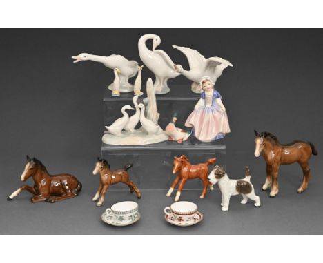 Miscellaneous Beswick, Lladro, Spode, and Royal Crown Derby models of foals and geese, miniature ceramics and a figure, vario