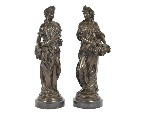 A pair of French bronze statuettes of women, emblematic of Summer and Autumn, late 19th c, cast from models by Ernest-Henri D