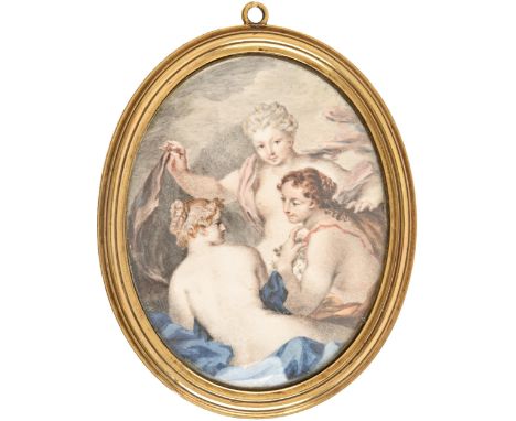 Follower of Rosalba Carriera, allegorical Portrait Miniature of three young women, inscribed in a 19th century hand on the or