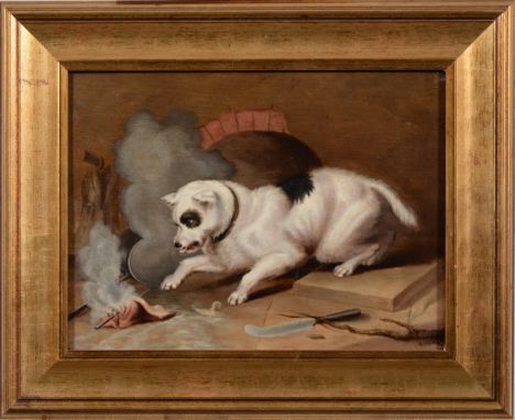 English School, late 19th c - Commotion in the Kitchen, a dog senses danger, indistinctly monogrammed R*, dated 1881, oil on 