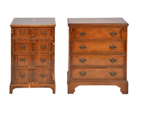 A walnut bachelor's chest of drawers and a yew wood chest of drawers, late 20th c, the first 77cm h; 32.5cm x 62.5cm  Both in