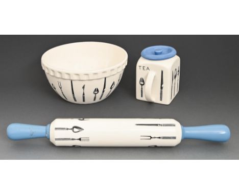 A Pountney &amp; Co LongLine mixing bowl, rolling pin and tea cannister and cover, c.1960, the rolling pin with wooden handle