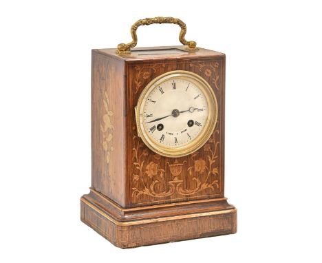 A French inlaid rosewood mantle clock, 19th c, the giltmetal mounted silvered dial inscribed Line a Paris, 20cm h  Case faded
