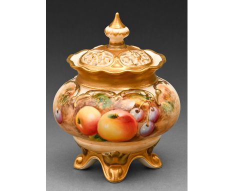 A Royal Worcester pot pourri vase and cover, c1970, painted with fruit, signed, 11cm h, black printed mark  Small chip to und