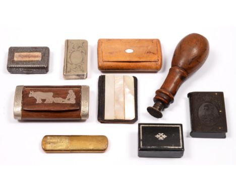 Three snuff boxes, 19th and 20th c, including a Victorian walnut snuff box with mother of pearl inlay, 7.4cm l, three vesta c