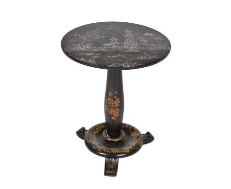 A Victorian papier mache table, the round top inlaid in mother-of-pearl and gilt with a chinoiserie, the stem base and feet s