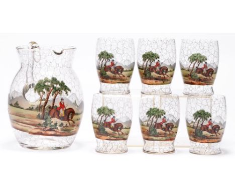 A glass jug and set of six glasses printed and painted with fox hunting scenes, first half of 19th c, jug 18.5cm h  Small sur