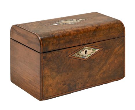 A Victorian walnut tea caddy, with mother of pearl inlay and escutcheon, key, 22.9cm w  Minor dents and scratches consistent 