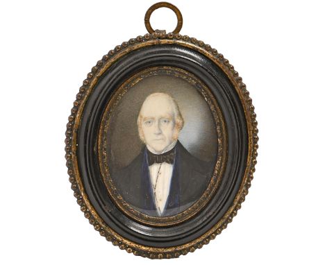 19th Century School - Portrait Miniature of a Gentleman, in black bow tie and black coat with blue lapels, indistinctly inscr