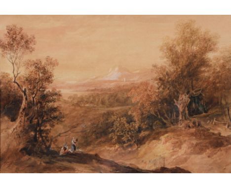Anthony Vandyke Copely Fielding (1787-1855) - Landscape with Figures,&nbsp;attributed mount, later 19th c manuscript label to