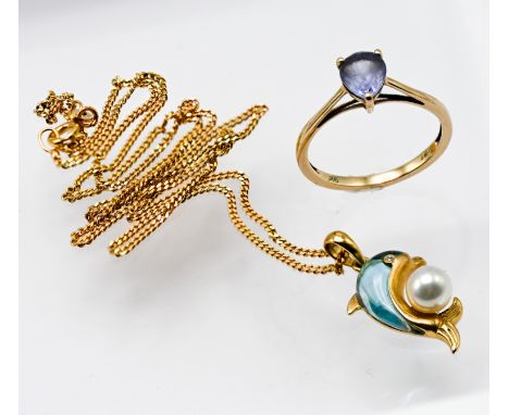 A 9k yellow gold dress ring approx 1.6g together with a 9ct gold dolphin pendant on chain approx 4.3g (2).