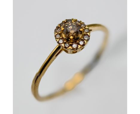 Gemporia, a 9k yellow gold Cocoa diamond cluster ring, size U, with certificate of authenticity.