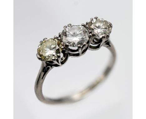 A 2 carat platinum three stone diamond ring, size N.