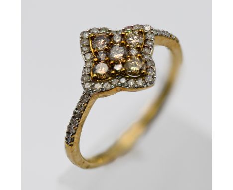 Gemporia, a 9k yellow gold champagne diamond cluster ring, size Q, with certificate of authenticity.