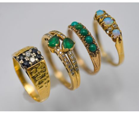 Two 18ct yellow gold dress rings, approx 9.1g, 9ct gold turquoise stone ring, approx 2g and a opal and diamond ring (hallmark