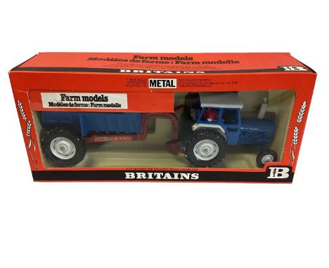 Britains Ford 6600 blue &amp; white livery Tractor and rear dump trailer No.9630 and Front End Loader No.9574, in window boxe