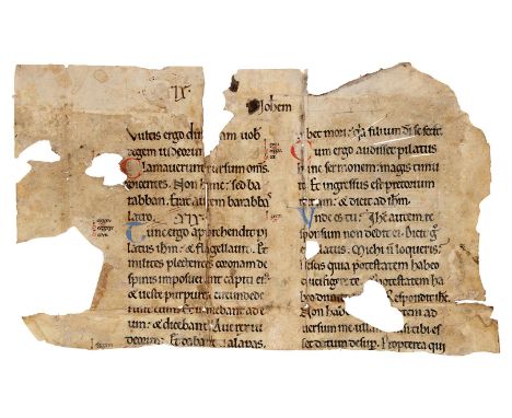 Fragment from a leaf from a Bible or Gospel Book, in Latin, decorated manuscript on parchment [France, first half of twelfth 