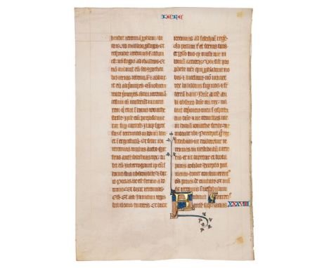 Three leaves from the gargantuan 'Bohun Bible', each with an illuminated initial, manuscript in Latin on parchment [England (