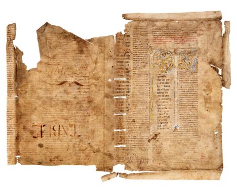 Bifolium from a Peter Lombard, Magna Glossatura in Epistolas Pauli, with two large illuminated initials, in Latin, manuscript