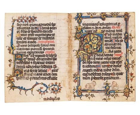 Five leaves from an early Book of Hours, of Dominican Use, in Latin, illuminated manuscript on parchment [Flanders (Tournai),