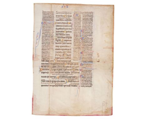 Leaf from a Glossed Gospel of John, of great refinement and with numerous gold initials, in Latin, illuminated manuscript on 