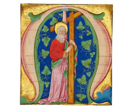 St. Andrew holding his cross, in a large initial on a cutting from a Gradual, illuminated manuscript on parchment [Italy (Lom