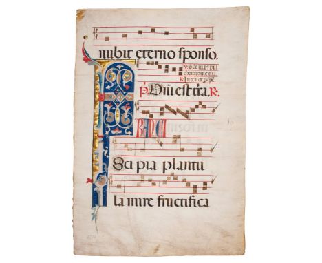Leaf from an Antiphonal, most probably of Franciscan Use, with a large illuminated initial, in Latin, manuscript on parchment