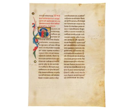 Leaf from a Promissione Ducale, the oath sworn by the doge of Venice, with two historiated initials, in Latin, illuminated ma