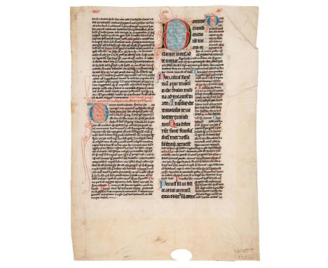 Leaf from a Psalter, with Great Gloss of Peter Lombard, in Latin, decorated manuscript on parchment [probably England, perhap