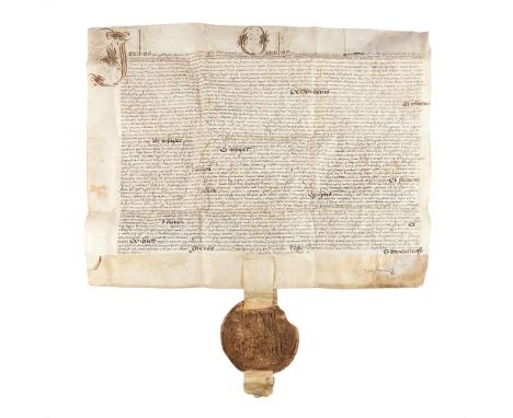 Royal pardon of King James I for Hugh Currer of Kildwick, North Yorkshire, in Latin, very large manuscript charter on parchme