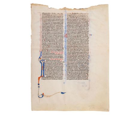 Leaf from a large Bible, in Latin, decorated manuscript on parchment [Italy (Bologna), second half of thirteenth century] Sin