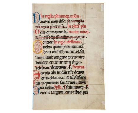 Three leaves from a finely illuminated English Sacramentary, Use of Sarum, in Latin, decorated manuscript on parchment [Engla
