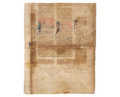 Leaf from a copy of Justinian, Corpus Iuris Civilis, in Latin, decorated manuscript on parchment [Italy (probably Bologna), f