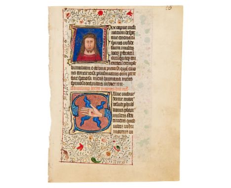 Two leaves with the Crown of Thorns and the Wounds of Christ in historiated initials, from a Book of Hours, Use of Sarum, in 