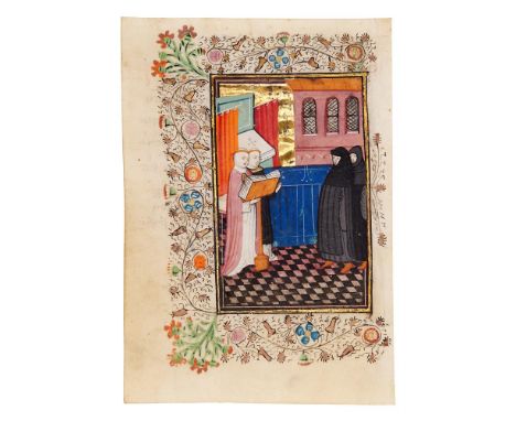 Leaf with a miniature from a Book of Hours, with stamp-signature of the Masters of Otto van Moerdrecht, from an illuminated m