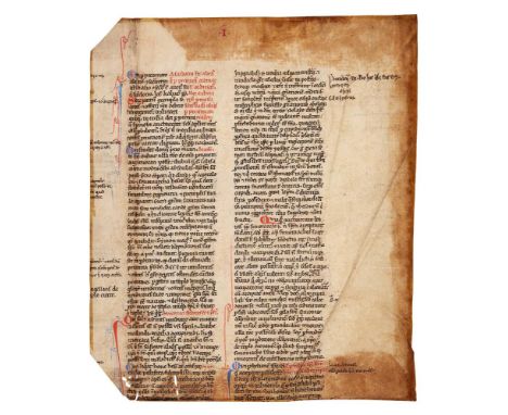 Leaf from an early copy of Gratian, Decretum, in Latin, decorated manuscript on parchment [France, first decades of thirteent