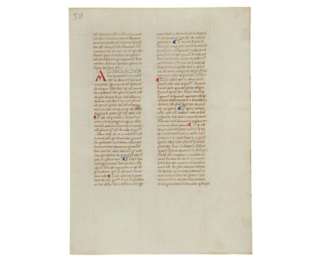 Leaf from Thomas Aquinas, Commentary on the Sentences of Peter Lombard, in Latin, decorated manuscript on parchment [Italy (m