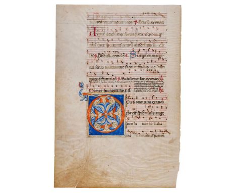 Leaf from an early Choirbook, with a large decorated initial incorporating a dragon, in Latin, decorated manuscript on parchm