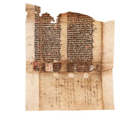 Lower part of a large leaf from a copy of Aristotle, Metaphysica, in the Latin translation of William of Moerbeke, decorated 