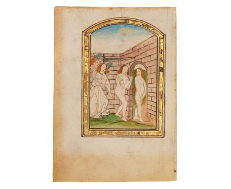 The original sin and the expulsion from the garden, miniatures perhaps from a Rosary, in German, decorated manuscript on parc
