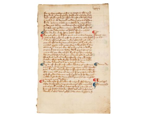 Leaf from a Registrum Brevium, a register of writs, in Latin, decorated manuscript on parchment [England (probably London or 