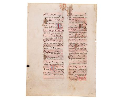 Two leaves from an Antiphonal, in Latin, decorated manuscript on parchment [eastern France (perhaps Bescançon), fourteenth ce